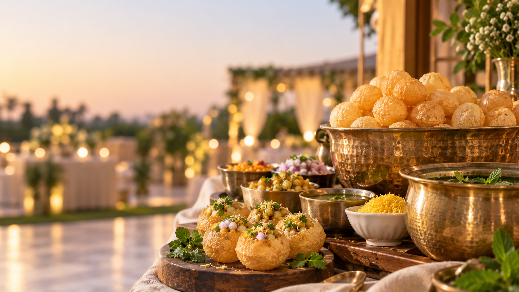 Premium pani puri chaat counter at an outdoor evening celebration